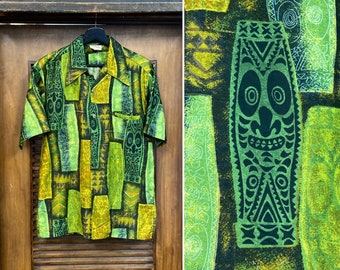 Chemise hawaïenne vintage des années 1960 Tiki Idol Mod en coton à col bouclé, vêtements vintage des années 60