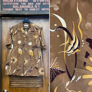 Vintage 1950’s Size L “Shaheen’s” Atomic Underwater Fish Cotton Hawaiian Shirt, Signed Selvedge, 50’s Vintage Clothing