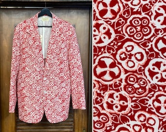 Chaqueta tipo blazer estilo tiki hawaiano tropical de punto de poliéster con estampado "Sandwich Isles" de los años 60.