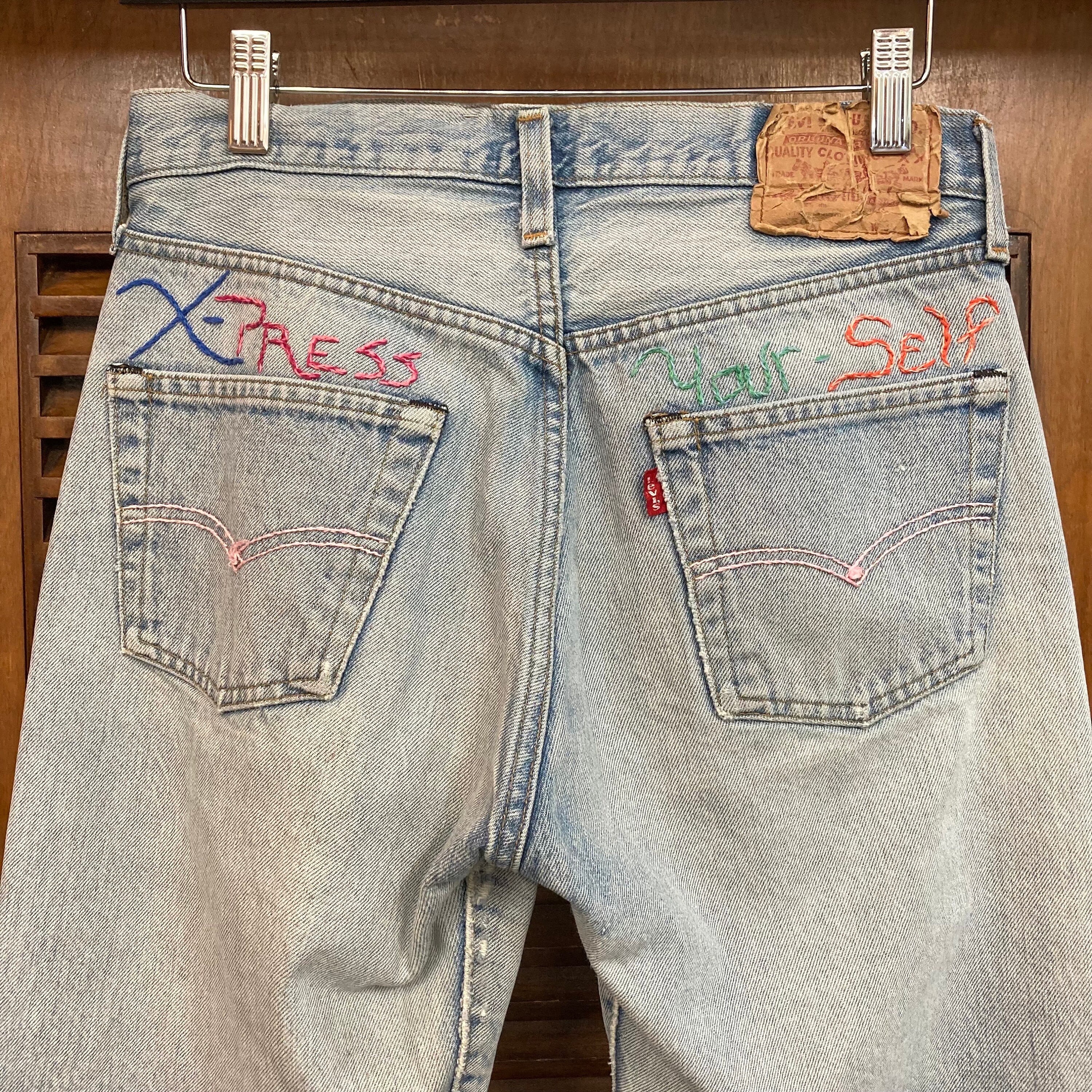 Hand Embroidery 80s Levi’s 501 REDLINE Vintage 1980's W29 Levi's 501 Denim Redline Jeans With