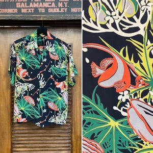 Vintage 1940’s Original “Kamehameha” Black Background Fish Silky Rayon Tiki Hawaiian Shirt, Loop Collar, 40’s Hawaiian Shirt