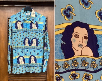 Vintage 1970’s Glam Mod Disco Cartoon Lady Floral Poly Shirt, 70’s Vintage Clothing