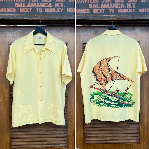 Vintage 1940's “campus” Catamaran Rayon Back Panel Tiki Hawaiian