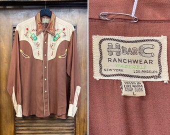 Vintage 1950’s Size L “H Bar C” Guitar Music Note Western Cowboy Rayon Gabardine Rockabilly Shirt, 50’s Vintage Clothing