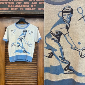 Vintage 1950’s Cartoon Tennis Player Picture Knit Rockabilly Shirt, Super Rare, Original, 50’s Vintage Clothing
