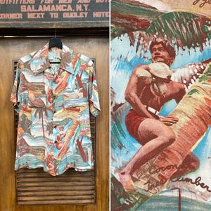 Vintage 1940’s Original Tropical Scenes Photoprint Silky Rayon Hawaiian Shirt, Loop Collar, 1940’s Shirt
