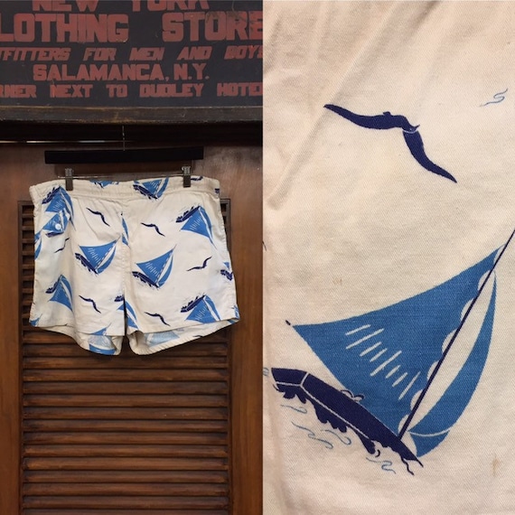 Vintage 1940’s Sailboat Swim Trunks w34-35, Vintag