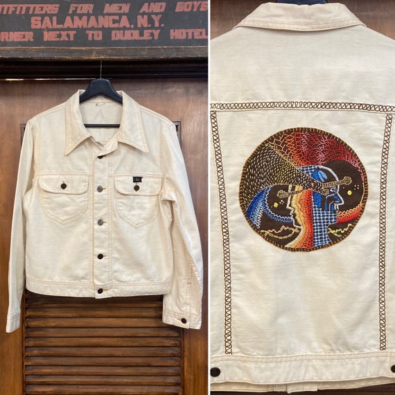 Vintage 1970s Peter Max Style Embroidery Denim Trucker Jacket 70s