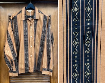 Camisa rockabilly vintage de los años 50, talla L, de algodón con estampado atómico, cuello con lazo, bolsillo a juego, camisa de los años 50