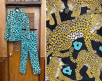 Vintage 1980’s Cotton 1960’s Mod Style Leopard Design Pop Art Two Piece Shirt & Pants Set, 2 Piece, Pant Set, Animal Print, Leopard Print,