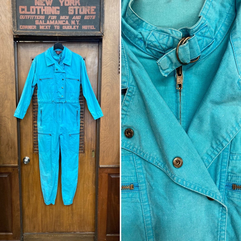 Vintage 1980s St Germain Paris Turquoise New Wave Jumpsuit Outfit, Vintage Jumpsuit, Coveralls, New Wave, 1980s, 1990s, Paris, image 1