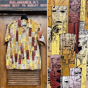 Vintage 1950’s “Shaheen’s” Atomic Tiki Pattern Loop Collar Cotton Rockabilly Hawaiian Shirt, Signed Selvedge, 50’s Vintage Clothing