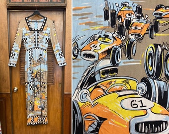 Vintage 1960’s “Paganne” Gene Berk Race Car Mod Style Maxi Print Dress, 1960’s Dress, Mod dress, Paganne, Novelty Print, Race Car, Hot Rod