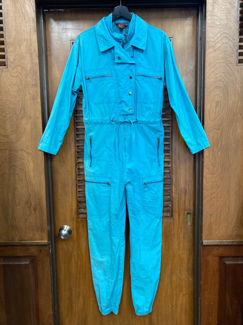 Vintage 1980s St Germain Paris Turquoise New Wave Jumpsuit Outfit, Vintage Jumpsuit, Coveralls, New Wave, 1980s, 1990s, Paris, image 2