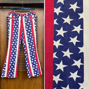 Vintage 1960’s w32 Stars x Stripes Pop Art Denim Mod Hippie Hip Hugger Flare Jeans Pants, 60’s Vintage Clothing