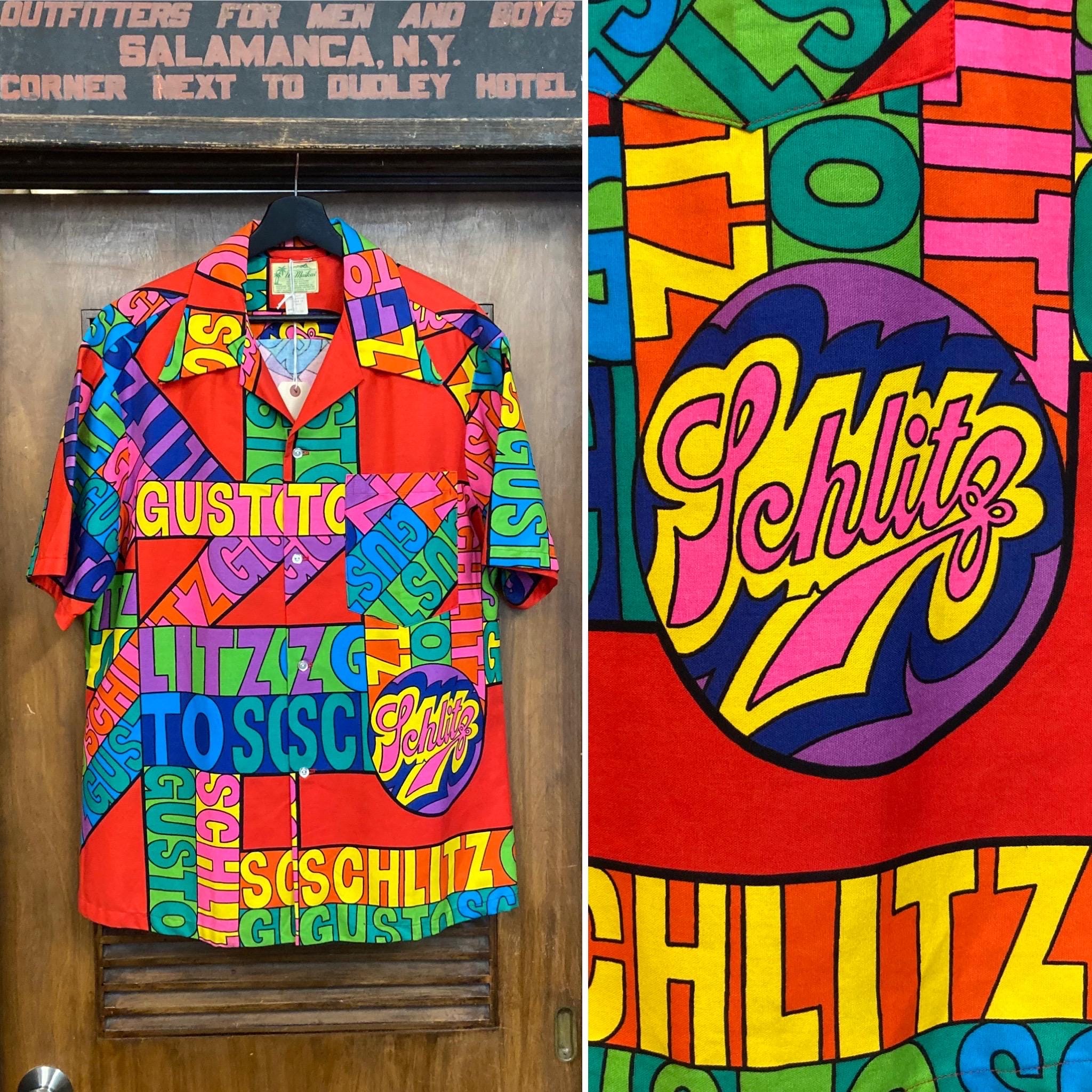 Vintage 1960’s -Deadstock- Size XL, Schlitz Pop Art Mod Tiki Hawaiian Shirt, Cotton, Rare Size, Never Worn, 60’s Vintage Clothing