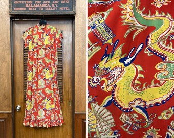 Vintage 1940’s Asian Dragon Print Rayon Hostess Hawaiian Dress, 1940s Rayon Dress, Dragon Print Dress, Vintage Hawaiian, Tiki Dress