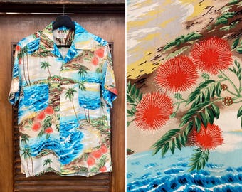 Vintage jaren 1950 'Penney's' Palm Tree Island rayon Hawaiiaans shirt met luskraag, shirt jaren 1950
