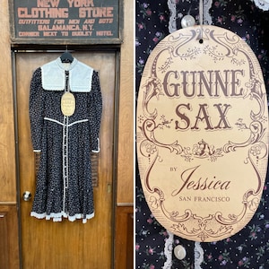 Vintage 1970’s Size 9 Gunne Sax By Jessica Prairie Boho Black Background Festival Lace Floral Dress, Hippie, Gunne Sax, Prairie Dress,