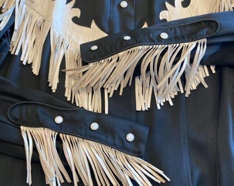 Vintage 1950's Jet Black Western Cowboy Leather Fringe Rayon