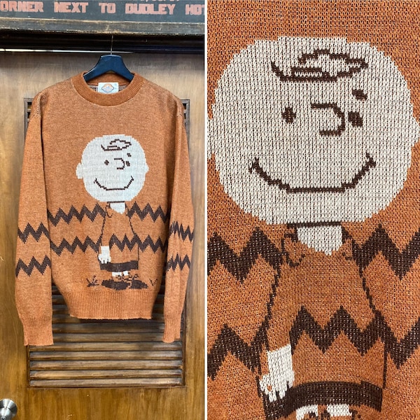 Vintage 1970’s Size L Charlie Brown “Peanuts” Pop Art Cartoon Knit Sweater, 70’s Vintage Clothing