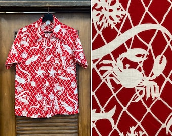 Vintage 1940’s “Catalina” Atomic Underwater Fish Net Cotton Tiki Hawaiian Shirt, Loop Collar, 1940’s Shirt, 1950’s Shirt