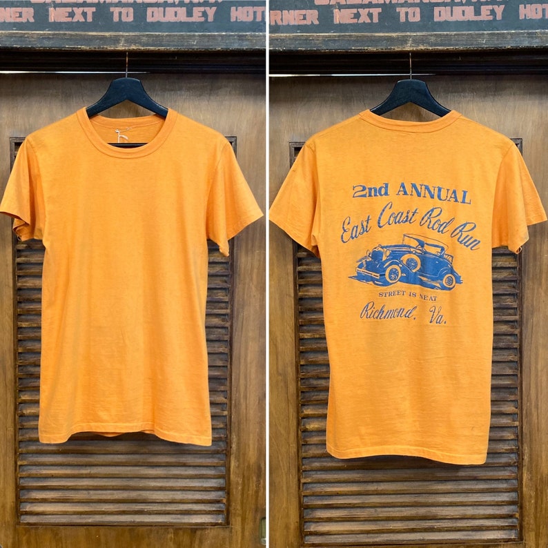 Vintage 1970s Hot Rod Drag Race Orange Cotton Back Print T-Shirt, 70s Tee Shirt, Vintage Clothing image 1
