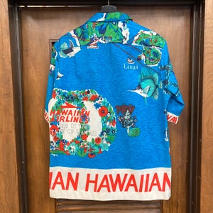 Vintage 1960s Mod Tiki Hawaiian Airlines Cartoon Pop Art Cotton Hawaiian Shirt, Border Print, Rare, 60s Vintage Clothing image 4