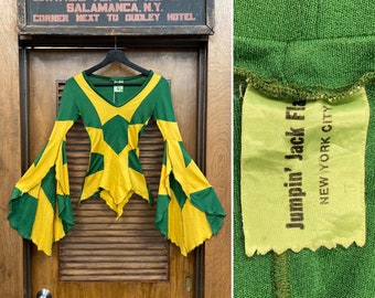 Vintage 1970’s “Jumpin’ Jack Flash” Green Yellow Jester Colorblock Batwing Glam Mod Jersey Top, Vintage Colorblock Shirt, JJF, Glam, Mod,