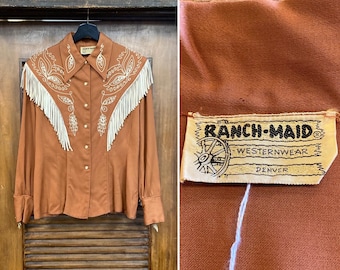 Vintage 1940’s “Ranch Maid” Cowboy Western Rayon Gabardine Fringe Cowgirl Rockabilly, Stage Shirt, 1950’s Shirt