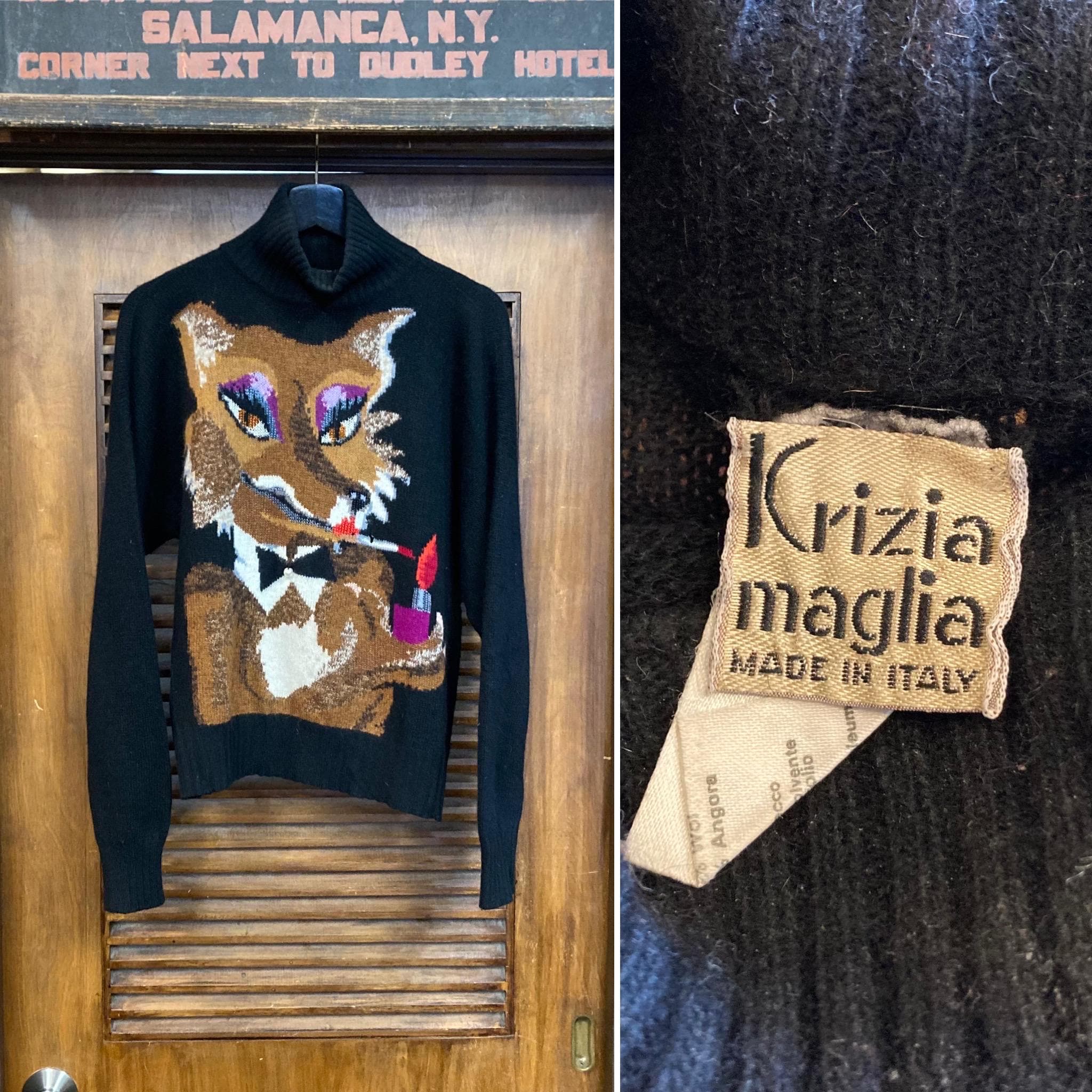 Vintage 1980's “krizia” Foxy Fox Jet Black Knit Turtleneck Sweater