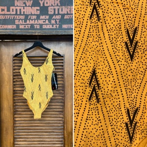 Vintage 1980s Deadstock Yellow Black Atomic New Wave Mod Swimsuit w Tags, 1980s One Piece, Vintage Swimsuit, Leotard, New Wave, Mod, NOS image 1