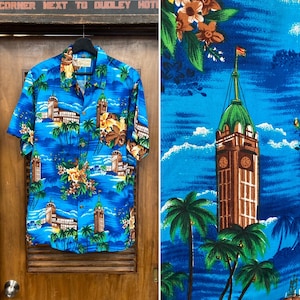 Vintage 1960’s -Deadstock- 1950’s Style Aloha Tower Rayon Tiki Hawaiian Shirt, Loop Collar, Size L, 60’s Vintage Clothing