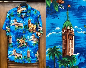 Vintage 1960’s -Deadstock- 1950’s Style Aloha Tower Rayon Tiki Hawaiian Shirt, Loop Collar, Size L, 60’s Vintage Clothing