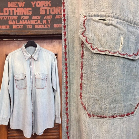 Vintage 1950’s Chambray Work Shirt with Embroidery