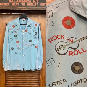 Vintage 1950’s Original Rock n’ Roll Rayon Rockabilly Shirt, Guitars, Music Notes, Records, 50’s Vintage Clothing