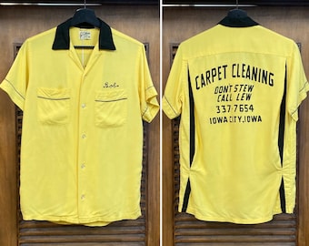 Increíble camisa vintage de los años 50 de rayón estilo "limpieza de alfombras" estilo rockabilly, cuello con lazo, estilo años 50.