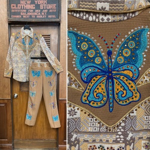 Vintage 1960’s N. Turk Western Cowboy Butterfly Embroidery Rhinestone Design Rockabilly Shirt Pant Set, Chainstitch, Embroidery, Pant Suit
