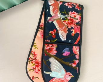 Beside Double Oven Glove - Pink Birds - Flamingo and Robin