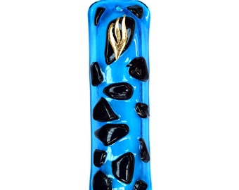 MEZUZAH. Stunning Unique Glass Art Mezuzah, Turquoise Transparent Glass with Deep Red Detail, Handmade, Judaica, Wedding Gift, New Home Gift