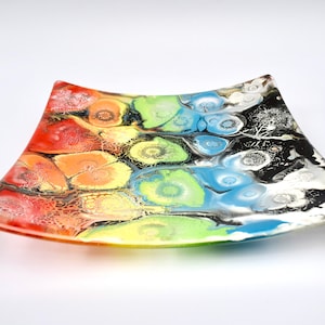 FUNKY GLASS ART Platter / Plate, Original Art,  Hand Painted Retro Psychedelic Style,  Rainbow Coloured, Wedding Gift, New Home Gift.