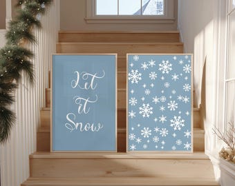 Blue Let It Snow Snowflake Print Set, Winter Holiday Decor (Digital Download)