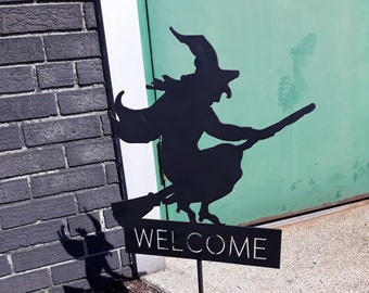 Spooky Witch on Broom Metal Welcome Sign Halloween Decor Decoration Yard Art Metal Fab Fabrication Custom Art Artwork