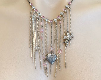 Pink and silver fringe necklace, Fairy charm necklace, Angel charm, heart pendant, Butterfly charm, Alternative jewellery, Dainty necklace