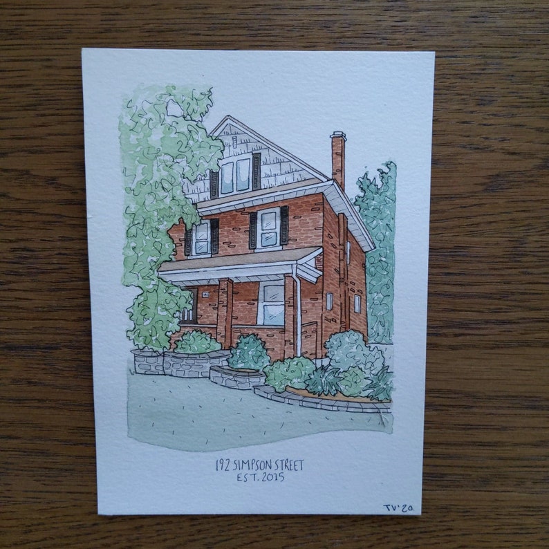 custom home painting watercolor & ink 5x7 realtor gift vertical