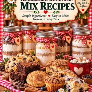 Op de afbeelding: Een kookboek getiteld Christine's Homemade Goodness Mix Recipes met glazen potten gevuld met gelaagde droge ingrediënten, versierd met rood-wit geblokte strikken en houten hartjes, naast diverse gebakken producten zoals koekjes, brownies en muffins.