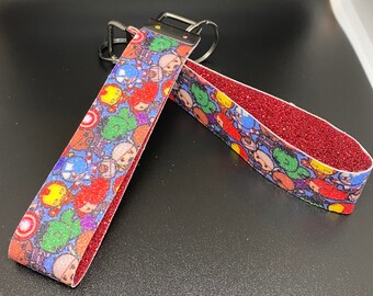 Superheroes themed glitter faux leather key fobs, 10 inches