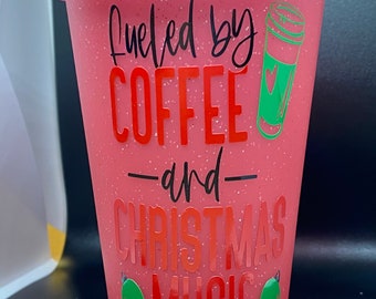 Coffee and Christmas music travel mug, color changing glitter 16oz mug