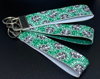 Starbucks themed faux leather key fobs, white and green glitter HTV, 10 inches