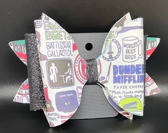 Office themed hair bow, faux leather with black glitter faux leather